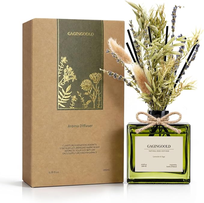 Reed Diffuser, 6.1 oz Lavender & Sage Scent Diffuser with Sticks & Dried Flowers, 120 Days Long Lasting diffusers for Home, Elegant Fragrance for Bathroom Bedroom Office Decor Air Fresh