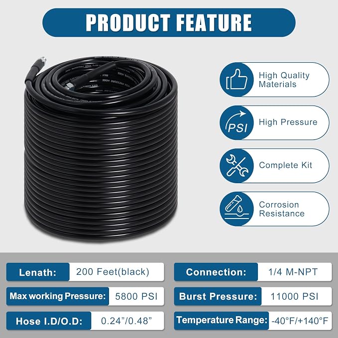 200FT Sewer Jetter Kit for Pressure Washer 5800PSI Drain Cleaner | 1/4" NPT Drain Cleaning Hose with 4 Jetting Nozzles Handle Strap Waterproof Tape and Tools (Black)