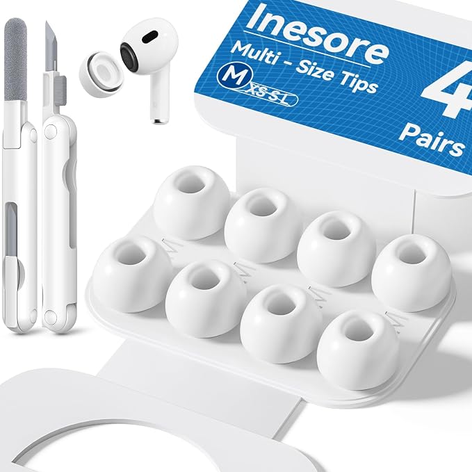 Inesore 4 Pairs Replacement Ear Tips for AirPods Pro 2nd/1st (Medium-White) | with Noise Reduction Hole & Built-in dust Guard Screen,Silicone,with Portable Storage Box & Cleaner Pen,(Medium-white)