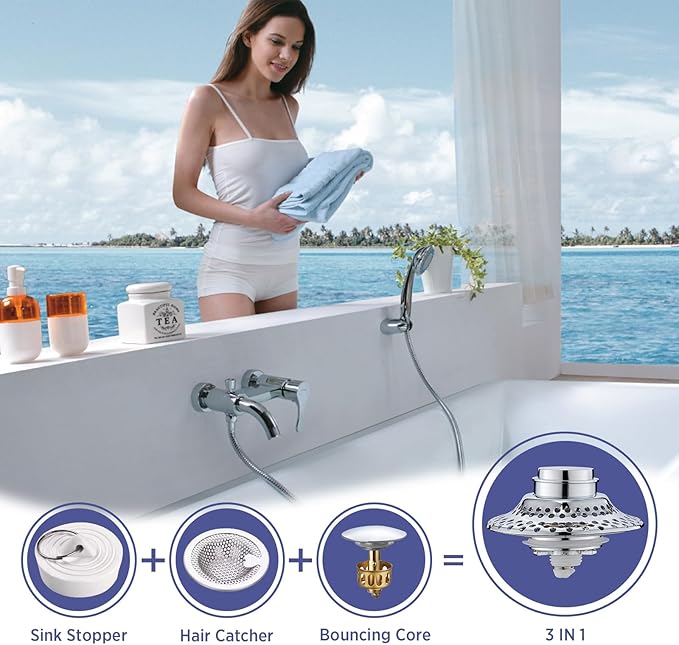 Bathtub Drain Stopper with Removable Hair Catcher, 3-in-1 Pop-up Drain Plug Fits 1.38 to 1.8 Inch Holes, Upgrade Shower Drain Cover with Stainless Steel Filter