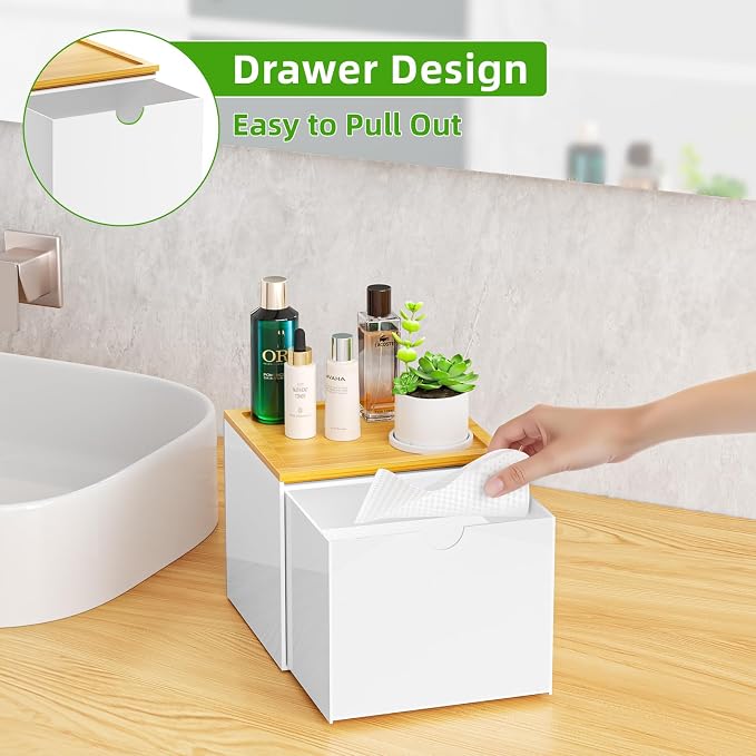 VITVITI Drawer Disposable Face Towel Holder Box, Acrylic Storage, White | Face Towels Holder Container for XL Clean Skin Club, Facial Towel Storage with Bamboo Lid, for Bathroom, Vanity Makeup