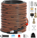 150FT Sewer Jetter Kit for Pressure Washer, 1/4" NPT Corner Drain Cleaner Hose 5800 PSI with Sewer Jetting Nozzles, Pearl Corsage Pin, Waterproof Tape, Extension Cord Organizer&2 Spanner