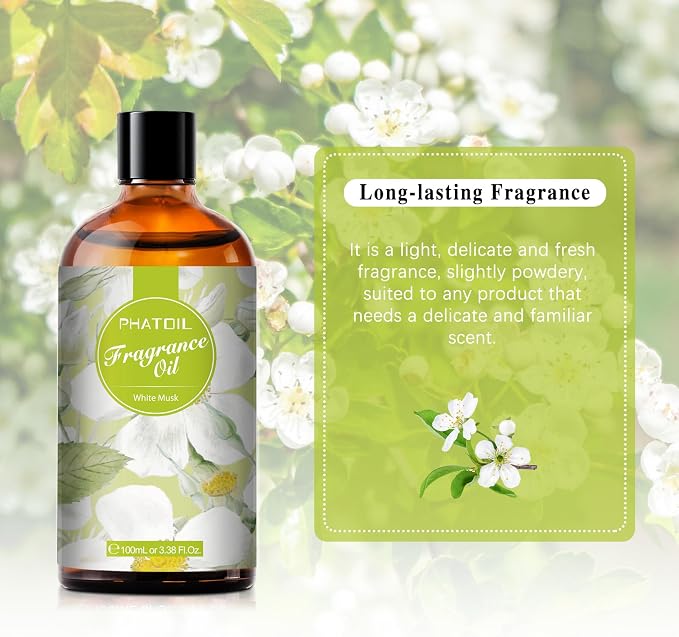 PHATOIL 3.38FL.OZ White Musk Fragrance Oils for Aromatherapy, Essential Oils for Diffusers for Home, Perfect for Diffuser, DIY Candle and Soap Making, DIY Scented Products - 100ml | Long Lasting Scented Oils For Humidifier, Air Freshener, DIY Soap Cand...