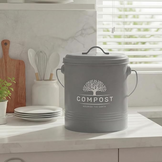 Perfnique Kitchen Compost Bin, 1.3 Gallon Countertop Compost Bin with Lid, Indoor Compost Bucket Includes Inner Bucket Liner and Carbon Filter, Small Compost Bin with Trash Bags (with Bags, Grey)