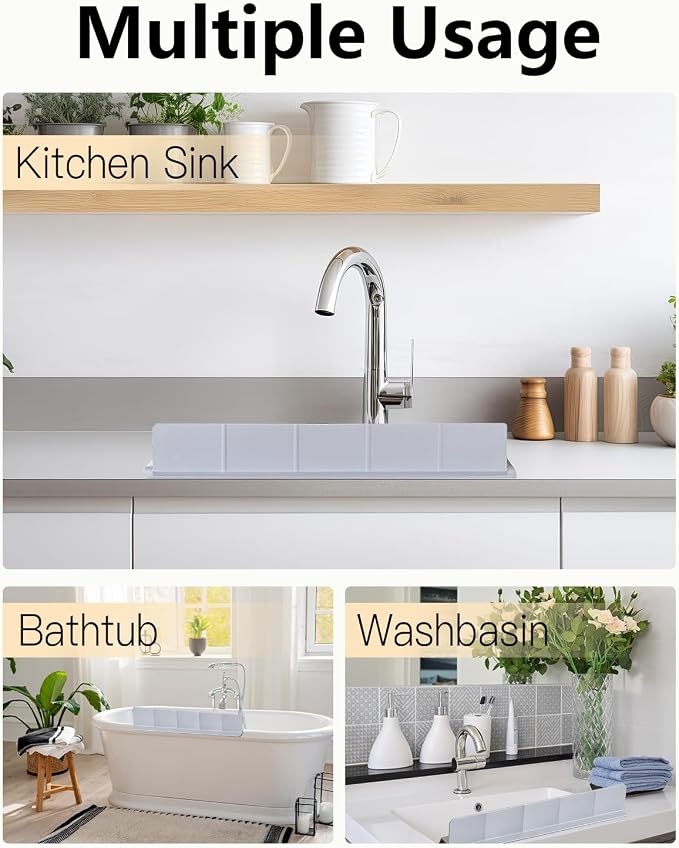 23 Inch Silicone Sink Splash Guard - Kitchen Sink Water Splash Guard with Strong Suction Cups, Removable Splash Guard for Sink, Washbasin & Bathtub - Gray