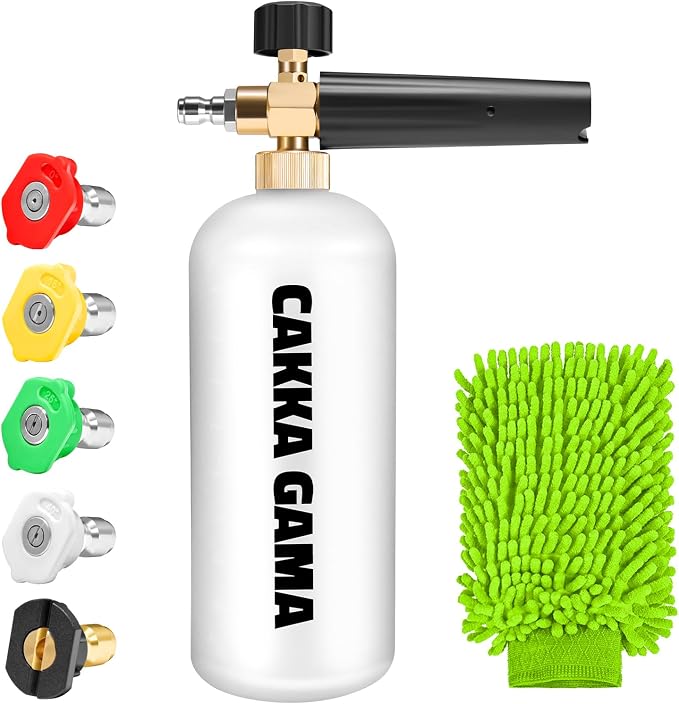 Foam Cannon for Pressure Washer, Industrial Car Wash Foam Sprayer with 1/4 Inch Quick Connector, Adjustable Soap Cannon with 5 Pressure Washer Nozzle Tips for Car Detailing, 1 Liter