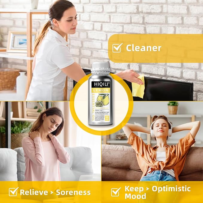 HIQILI Lemon Essential Oil for Cleaning, Skin & Diffuser | Can be added for degreasing, household use and aromatherapy purposes – 473mL / 16 fl.oz