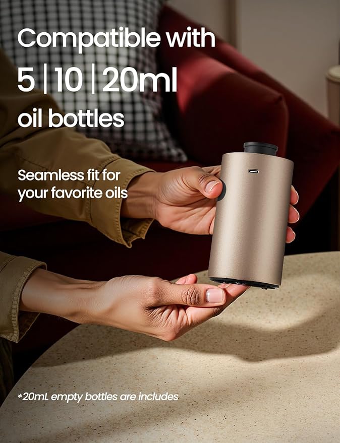 Waterless Essential Oil Diffuser, Car Scent Diffuser, Desert Titanium | Premium Aluminum Alloy Housing, Cordless, 3 Mist Levels, Timers, Portable Aromatherapy Diffuser for Home, Car & Office