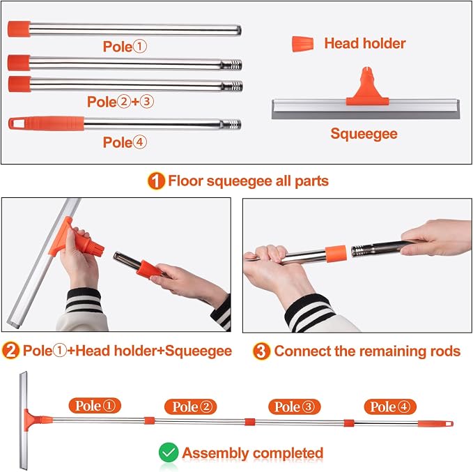 Floor Squeegee with 60" Stainless Steel Handle, 17.2" Silicone Blade Floor Scrubber for Bathroom, Shower, Garage, Tile, Window and Water Removal