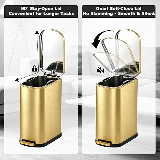 SYNCVIBE Slim Bathroom Trash Can with Soft Close Lid Stainless Steel Garbage Can Step Trash Bin with Removable Inner Bucket for Bedroom, Office, Kitchen (Gold, 3.5 Gallons)