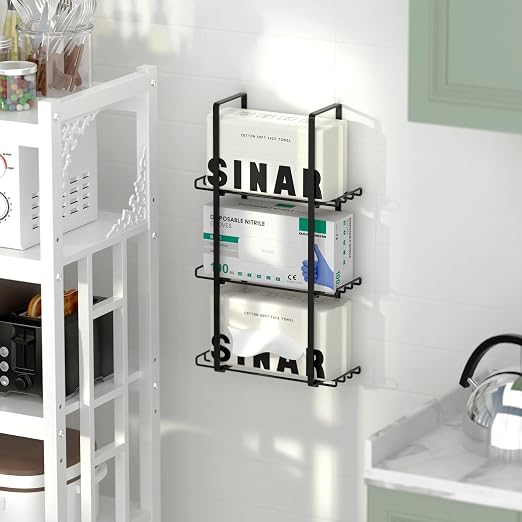 Glove Holder Dispenser for Wall Mount Metal Disposable Latex Glove Box Holder for Home Office, Lab and Garage, Tissue Wire Rack Wall-Mounted for Kitchen Organizer Decor, Blak