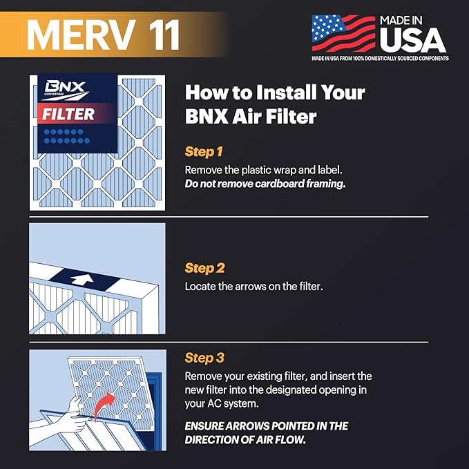 BNX TruFilter 16x20x1 Air Filter MERV 11 (6-Pack) - MADE IN USA - Allergen Defense Electrostatic Pleated Air Conditioner HVAC AC Furnace Filters for Allergies, Dust, Pet, Smoke, Allergy MPR 1200 FPR 7