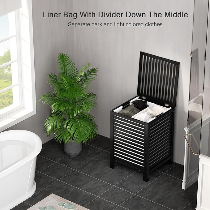 Homykic Bamboo Laundry Hamper with Lid, 120L Large Clothes Laundry Sorter with Removable 2-Section Liner Bag, Raised Laundry Basket Organizer for Clothing, Bathroom, Bedroom, Laundry Room, Black