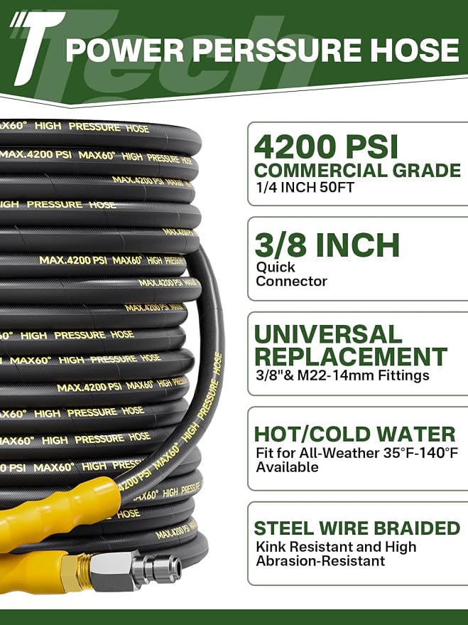 4200PSI Pressure Washer Hose 50FT with 3/8" Swivel Quick Connect for Cold/Hot Water, Kink Resistant Steel Wire Braided,1/4" Wear Resistant Power Washer Hose with 2 M22 14mm Adapter Set