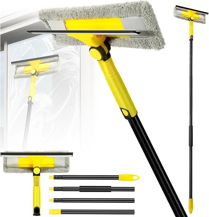 Professional Window Squeegee with 60" Extension Pole for Home | 2 in 1 Squeegee for Window Cleaning with Scrubber/ Rotatable Head for Car Glass Shower Indoor & Outdoor High Windows