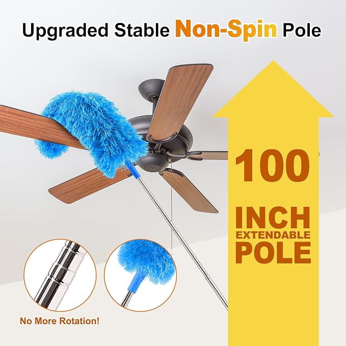Tiumso 5-in-1 Microfiber Duster Kit with 100” Extension Pole – Reinforced Stainless Steel Telescopic Handle for High Ceiling Fans, Cobwebs & Vents – Multi-Head Dusters for Cleaning with Anti-Spin Pole