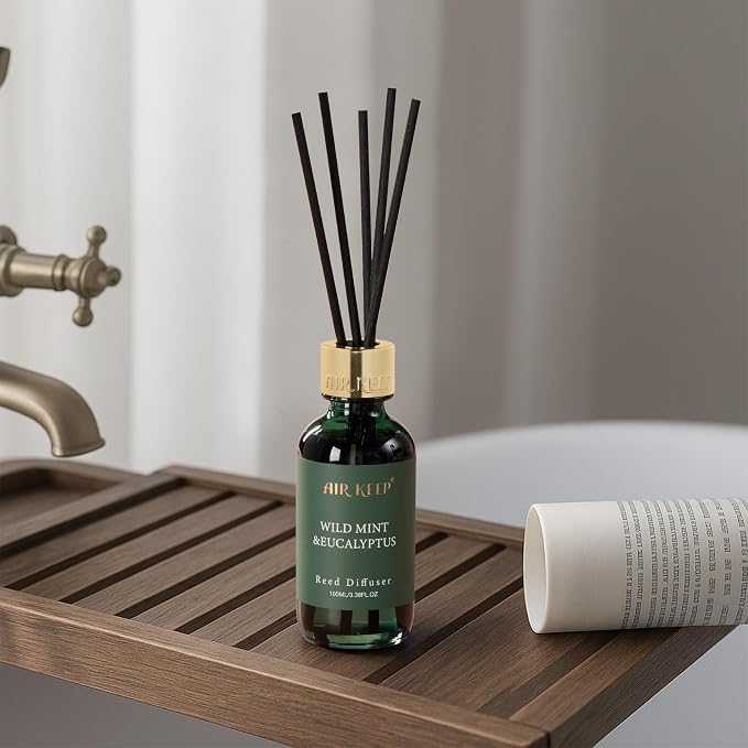 Reed Diffuser Set, 3.38 fl oz (100 ml) - Wild Mint&Eucalyptus Oil Diffusers with 8 Reed Sticks, Home Fragrance Reed Diffuser for Bathroom Shelf Decor