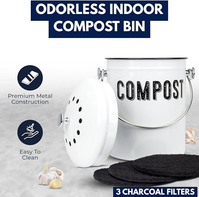 Granrosi Compost Bin Kitchen Counter, 1.3 Gallon, 3 Charcoal Filters | Countertop Composter Pail with Lid, Stainless Steel Counter Top Bin, Rust-Free Farmhouse Indoor Compost Bucket, White Oval