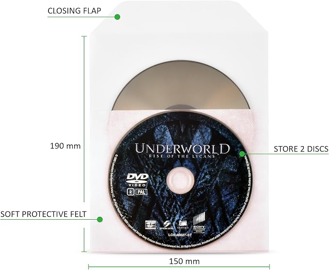 Tarifold Double DVD Storage Sleeves with Felt, Holds 2 Discs, 50 Pack | Holds 2 DVDs, cover art and booklet, protective felt insert, secure closing flap, durable polypropylene, 50 pack