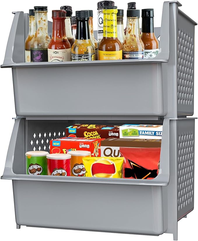 TidyFriend Plastic Stackable Storage Bins for Pantry, 2 Pack Stackable Bins for Organizing Food, Kitchen, and Bathroom Essentials (Grey)