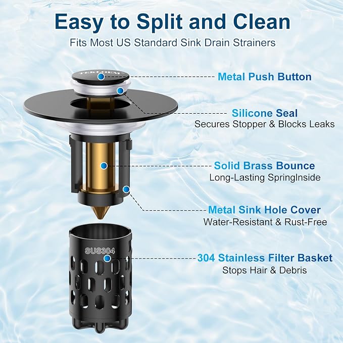 Bathroom Sink Drain Strainer,All Metal Pop-Up Sink Stopper with Removable Stainless Steel Filter Basket, Universal Bathroom Hair Catcher Fit for 1.1-2.36'' Drain (Black, 1 Pack)