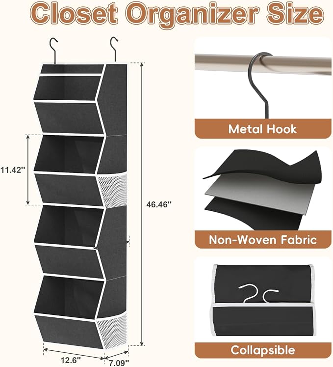 Hanging Closet Organizer Bins for Closet Organization Storage 4 Shelf Black