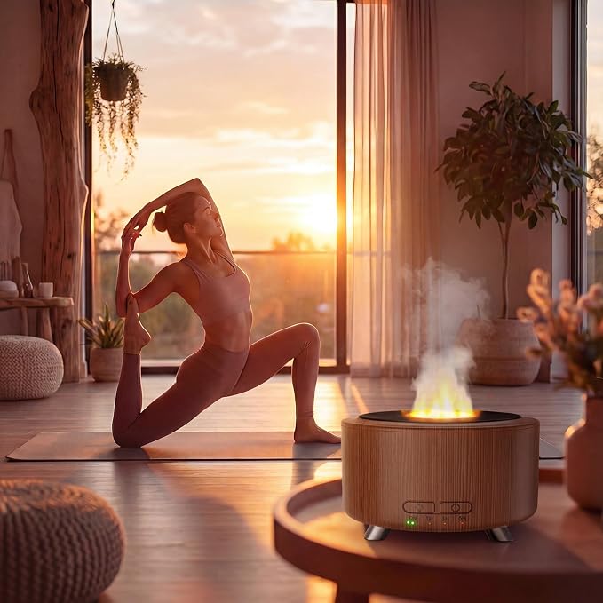 500ML Retro Vinyl Essential Oil Diffuser for Home | 3D flame effect & 9 colors. 500ml tank lasts 14H for deep sleep. BPA-free with auto-off ensures safety for babies and pets.