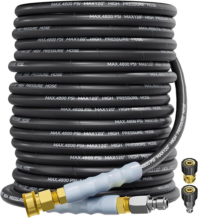 3/8" 4800PSI Pressure Washer Hose 100FT with Swivel Quick Connect for Cold/Hot Water Max 248°F, Kink Resistant Steel Wire Braided, Wear Resistant Power Washer Hose with M22 14mm Adapter