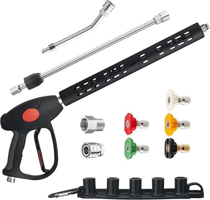 M MINGLE High Pressure Washer Gun with Extension Wand & 30° Curved Rod | Compatible with M22 14mm/15mm Fitting, 5 Nozzle Tips, 4000 PSI, for Car/Patio/Driveway Cleaning