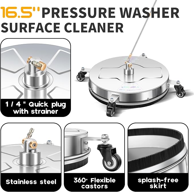 LidoDola 16.5'' Pressure Washer Surface Cleaner, Power Washer Accessory | Stainless Steel Housing with 4 Wheels, 1/4" QC, 2 Extension Wands & 2 Replacement Nozzles, for Gas & Electric Pressure Washer