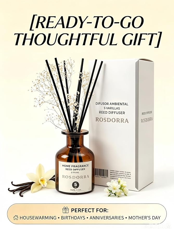 Reed Diffuser Set, 5oz, Vanilla Cream Cozy Scent | Home Fragrance w/5 Fiber Sticks, Rich Vanilla Cream Scent, 90-Day Diffusion, Pet-Safe Home Gift for Bath & Bedroom