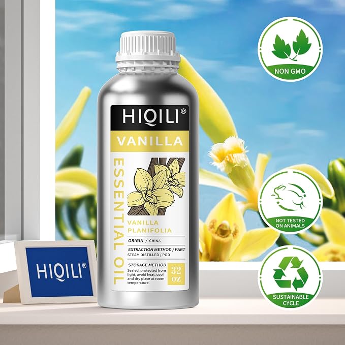 HIQILI Vanilla Essential Oil Bulk, Strong Scent for Candle Soap Making | Fragrance for Diffuser, Perfume, SPA, Making Spray, Skin Care, Add to Shampoo, Body Lotion - 1000 mL / 32 fl oz