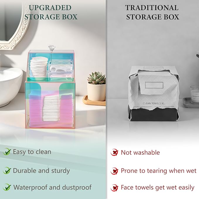 Disposable Facial Towels Storage Double Layer Acrylic Box, Glossy Rainbow | Face Towelettes Holder with Clean Skin Club Clean Towel XL Cotton Pads Container Qtip Bin for Bathroom Counter