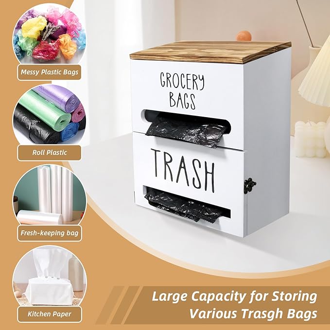 2 in 1 Trash Bag Dispenser, Double Wall Mounted,Wood Trash Bag Holder, used in kitchen, garage, laundry room, can store Environmentally friendly food bags and garbage bags (White)
