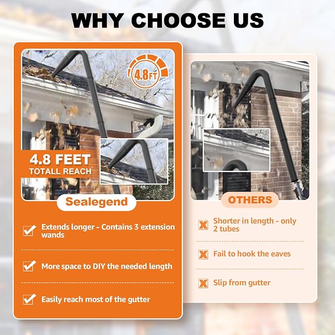 Sealegend Gutter Cleaning Tools for 2-1/2 in. Wet/Dry Vacuum Cleaner, Shop Vac Hose Attachments for Cleaning or Blowing Debris from Gutters Up to 4.8FT, 2-1/2 in. Shop Vac Accessories | Shop Vacuum Hose Accessories for Cleaning or Blowing Gutter Debris...