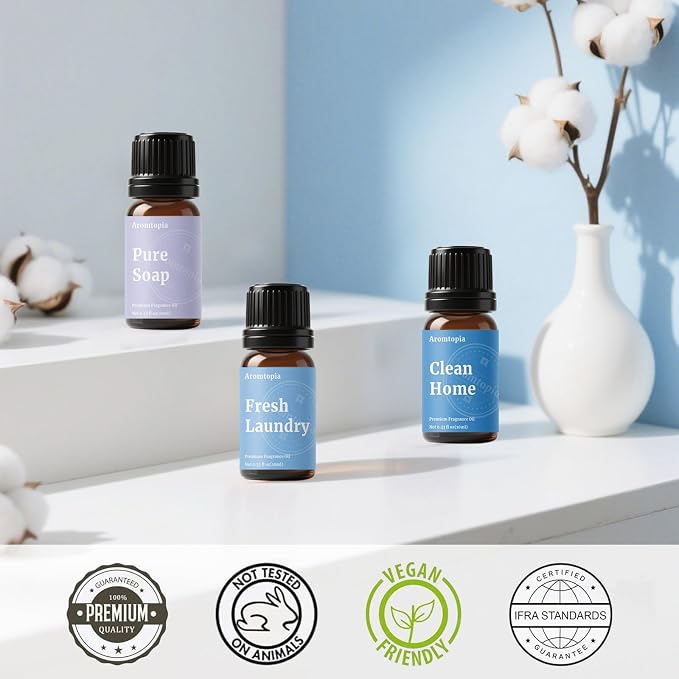 Diffuser Fragrance Oils, Aromtopia Essential Oils for Diffusers for Home, 6x10ml Fresh Home Set, Clean Scents for Candle Soap Making, Dryer Ball, Fresh Linen, Crisp Breeze, Fresh Laundry, Lemon