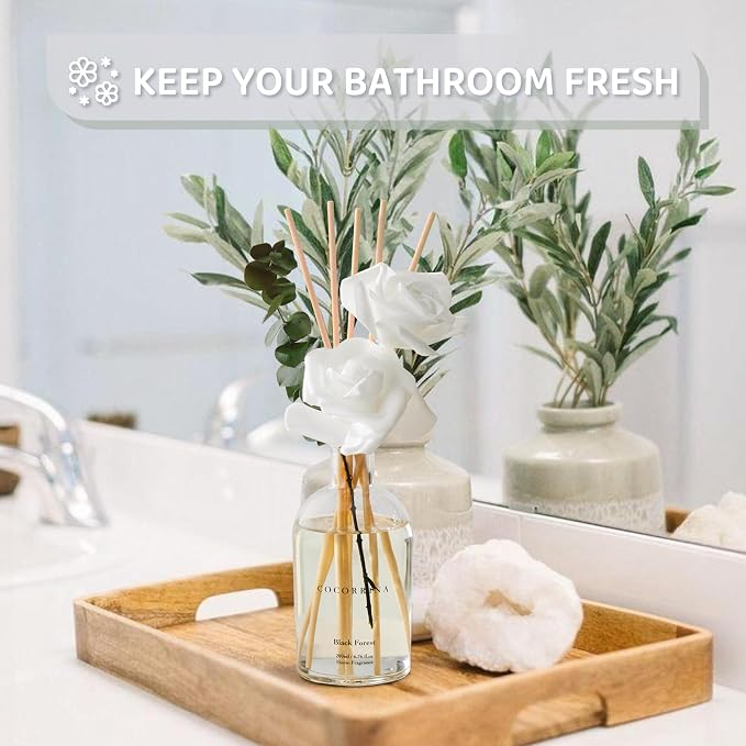 Reed Diffuser Black Forest 6.76 fl oz Home Bathroom Fragrance | 6 Reed Sticks, Real Eucalyptus & Artificial Rose, Essential Oil for Bedroom Shelf Décor, Scent Diffuser