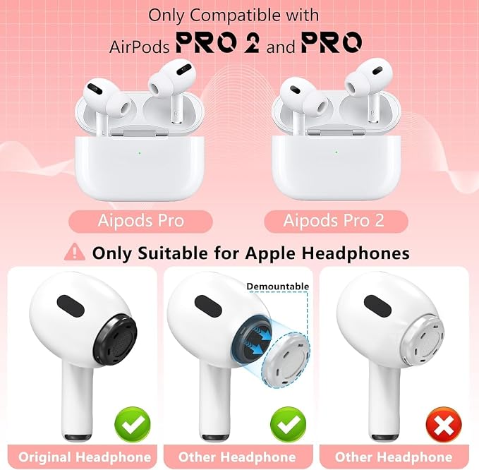 Inesore 4 Pairs Replacement Ear Tips for AirPods Pro 2nd/1st (Pink) | with Noise Reduction Hole & Built-in dust Guard Screen,Silicone,with Portable Storage Box & Cleaner Pen,4 Size (XS/S/M/L)
