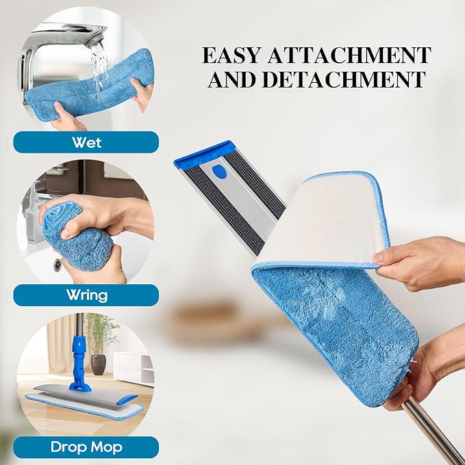 HONOVA 17.5" Microfiber Mop for Floor Cleaning, Blue Flat Floor Mop | 59" Stainless Steel Handle, 4 Reusable Washable Replacement Pads, Wet & Dry Use, for Hardwood Tile Laminate