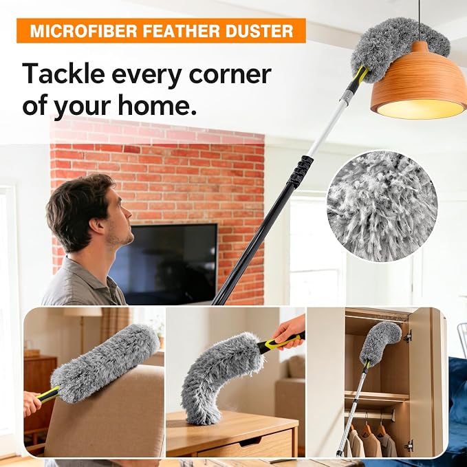 5-in-1 20Ft 4-Stage Telescoping Extension Pole Kit for Cleaning | Feather Dusters with Bristles for Outdoor Indoor, 4-Stage Spider Web Remover with Telescopic Pole for Ceiling Wall Yellow