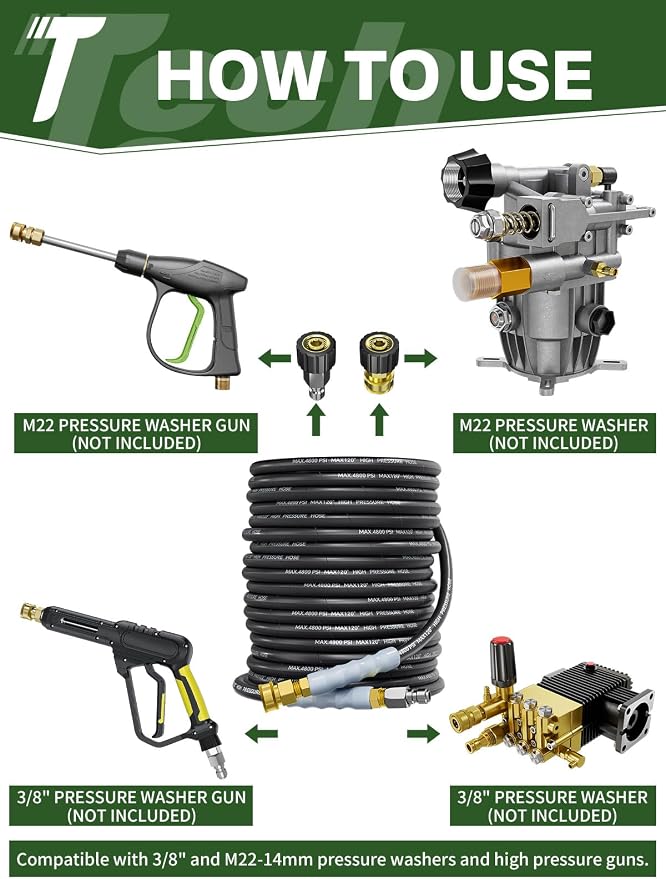 3/8" 4800PSI Pressure Washer Hose 25FT with Swivel Quick Connect for Cold/Hot Water Max 248°F, Kink Resistant Steel Wire Braided, Wear Resistant Power Washer Hose with M22 14mm Adapter