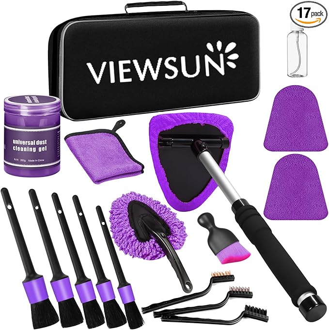 Windshield Cleaner Tool, 17Pcs Purple Car Interior Cleaning Kit, Detailing Kit Cleaner, Detailing Brush, Cleaning Gel, Inside Cleaning Supplies Accessories for Trucks, SUVs, RVs Window