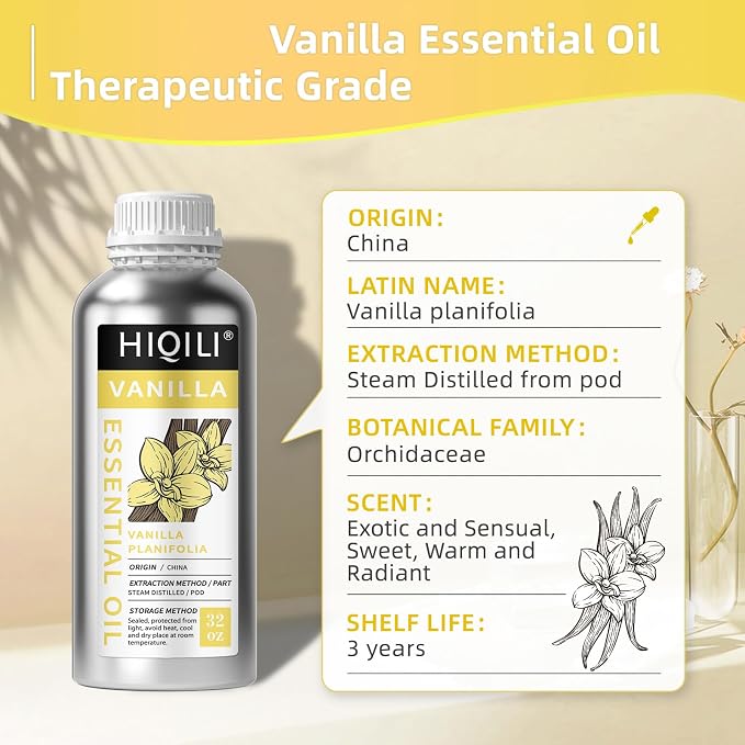 HIQILI Vanilla Essential Oil Bulk, Strong Scent for Candle Soap Making | Fragrance for Diffuser, Perfume, SPA, Making Spray, Skin Care, Add to Shampoo, Body Lotion - 1000 mL / 32 fl oz