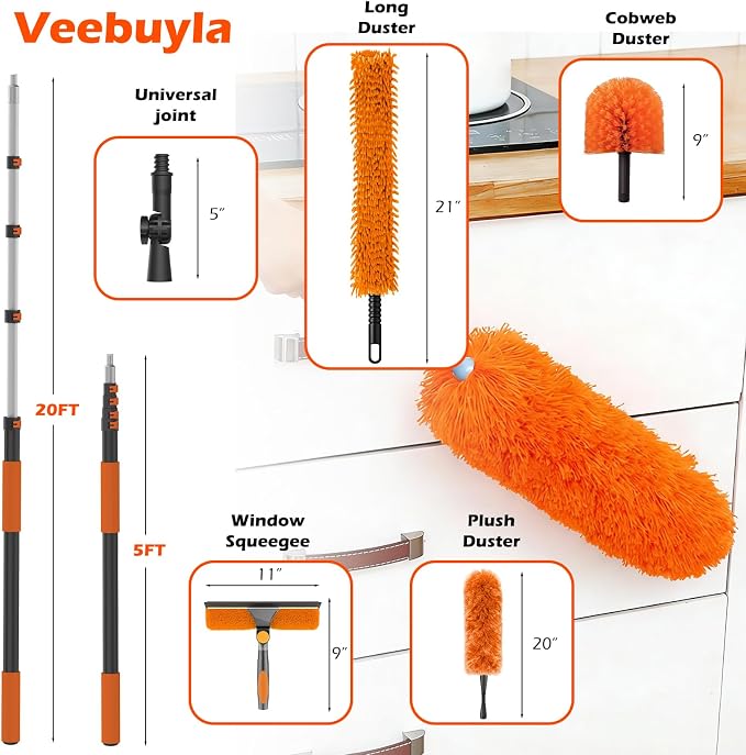 25FT Reach High Ceiling Duster Kits with 5-20FT Adjustable Pole - Includes Extra Long Duster, High Ceiling Duster, Rotatable Window Squeegee & Cobweb Duster for Ceiling Fans and Whole House Cleaning