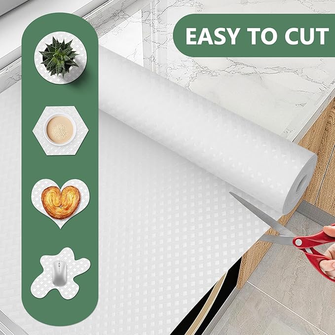 Shelf Liners, Non-Adhesive Drawer Liner, Waterproof & Oil-Proof Kitchen Cabinet Cupboard Liner Plastic EVA Material BPA Free Fridge Liner Mats Paper Protector for Shelves (White/12in x 60in)