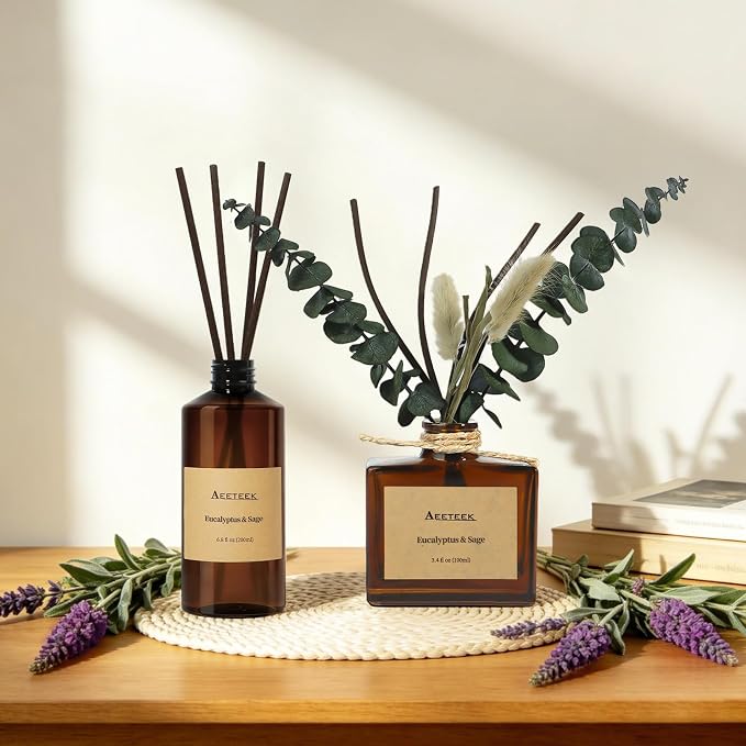 Reed Diffuser, Sage & Eucalyptus Essential Oil Refill | 6.8 Fl Oz (200ml) Scented Diffusers Oils with Diffuser Sticks, Long-Lasting Fragrance for Home Decor