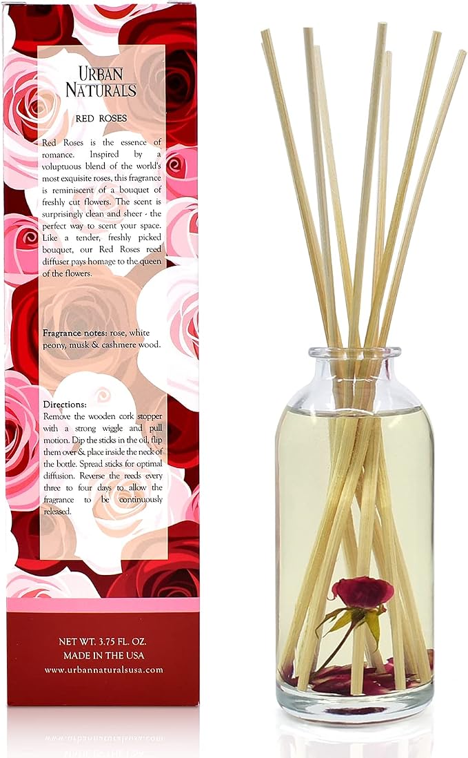Reed Diffuser Set, Red Roses - Bathroom Shelf Décor | Floral Scented Sticks Room Freshener for Bathroom, Kitchen & Bedroom, Great Gift Idea
