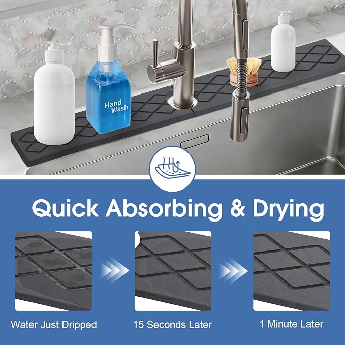 Stone Faucet Mat for Kitchen Sink, Quick-Dry Non-Slip Drying Tray, Diatomite Drying Stone Mat Sink Protectors, Prevent Moisture for Kitchen Bathroom Counter, Matte black, 23.6" x 4"