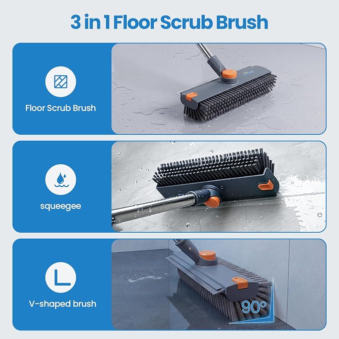 3 in 1 Floor Scrub Brush, Heavy Duty 90° Bristle with Squeegee (Gray) | 3 heights adjustable 360° brush head Perfect for bathroom, kitchen, garage & patio