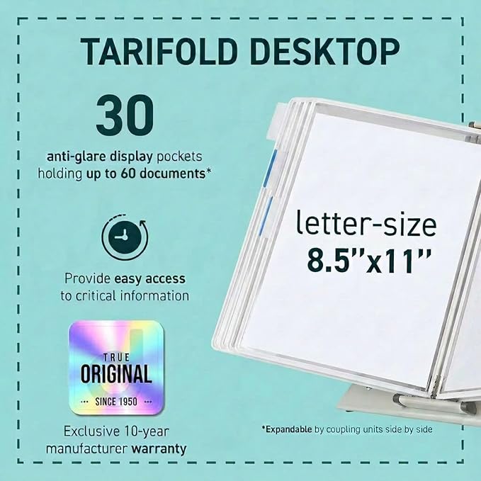 Tarifold Desktop Reference Display System, 30 Pockets, Expandable, White | 30 double-sided PVC pockets, holds 60 letter-size sheets, sturdy metal base, quick-find indexing, quick and easy to assemble